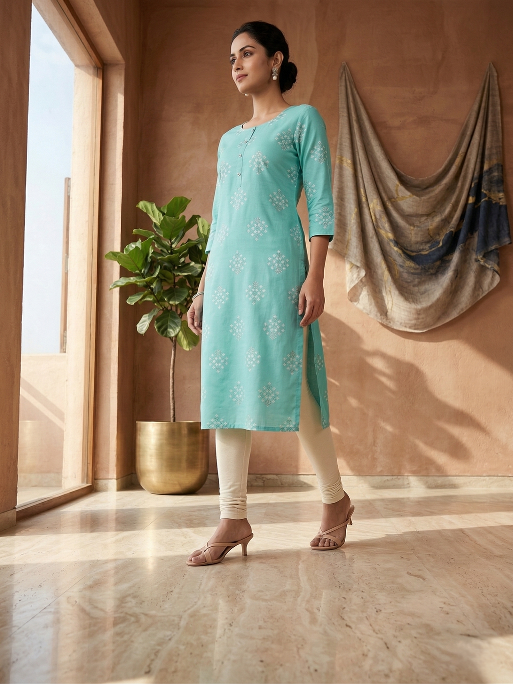 Sky Blue Cotton Printed Kurta for Women | Ethnic Straight Kurti with 3/4 Sleeves