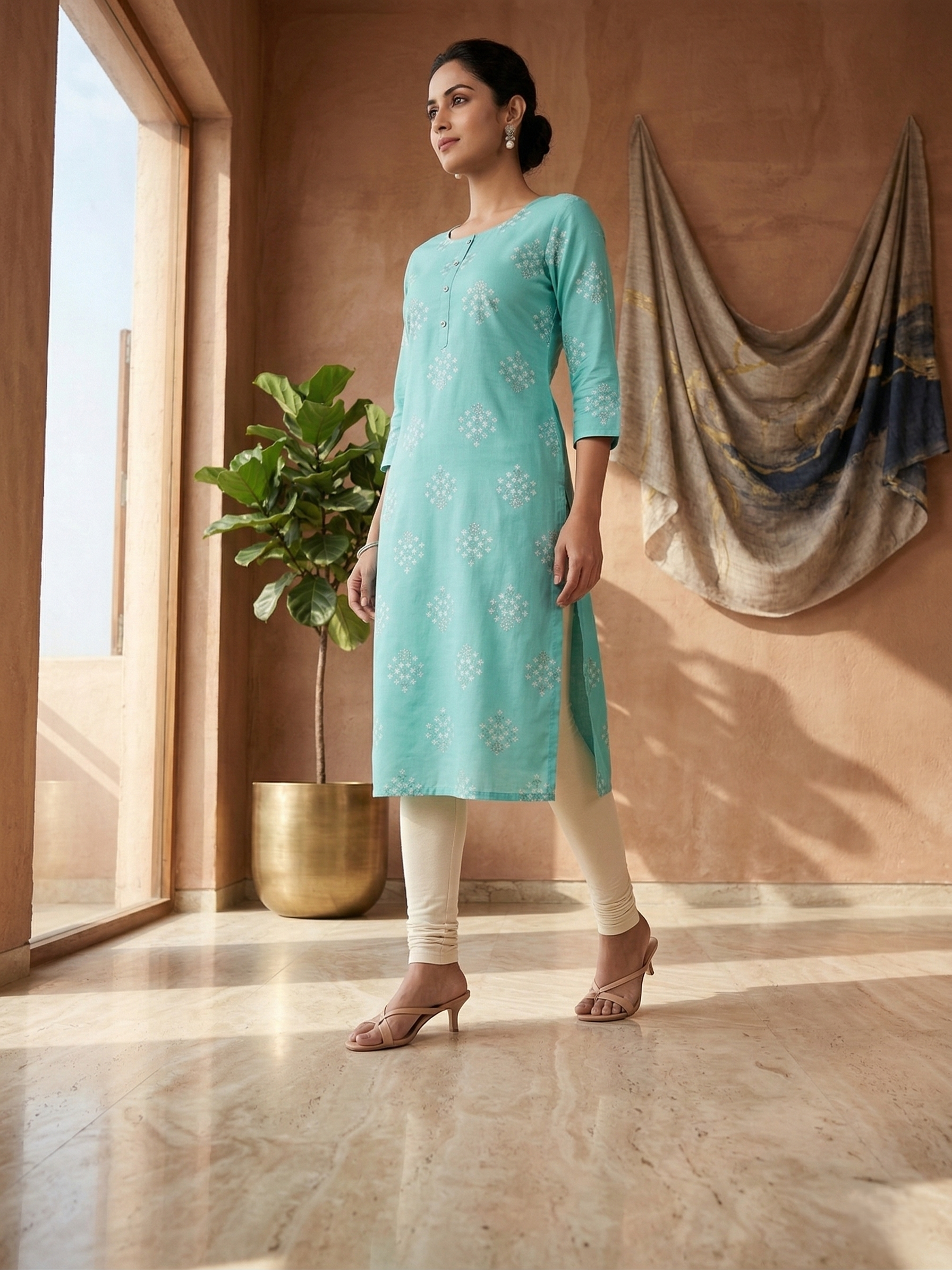 Sky Blue Cotton Printed Kurta for Women | Ethnic Straight Kurti with 3/4 Sleeves
