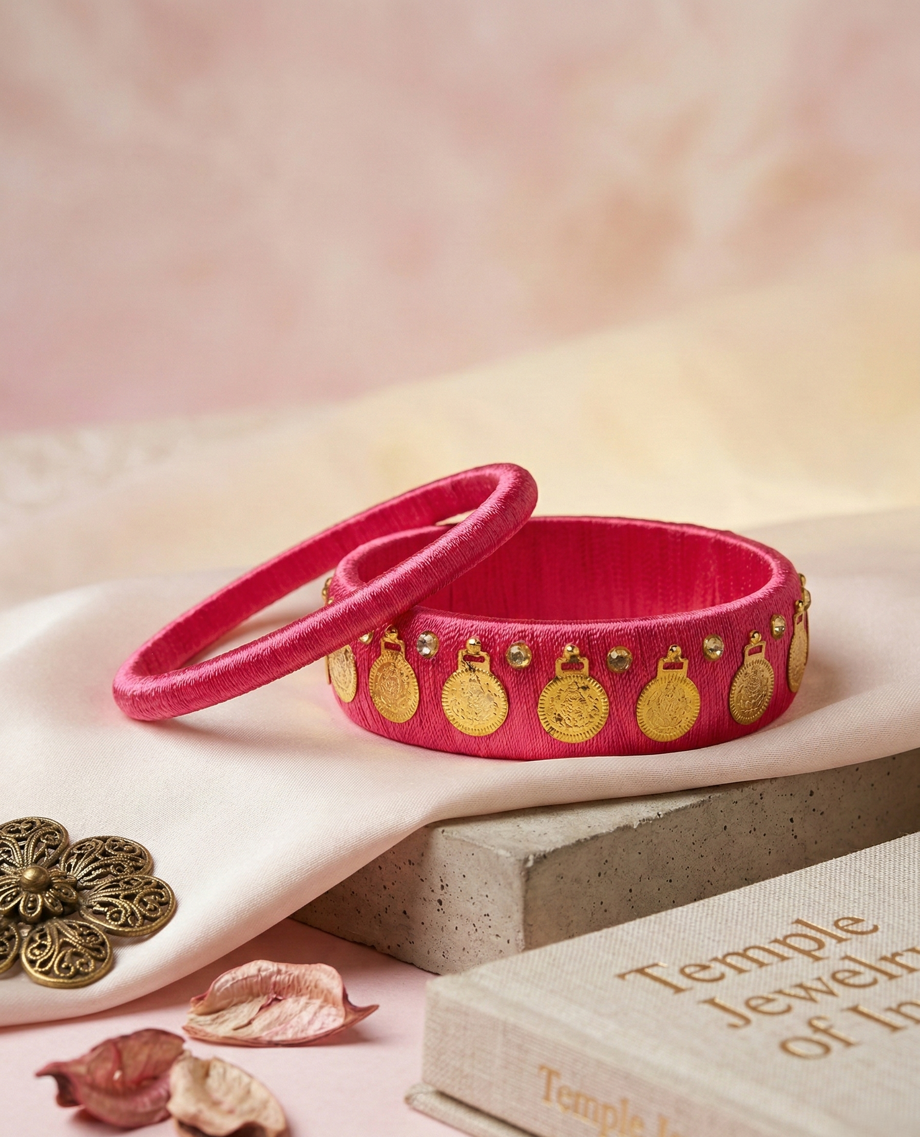 Rani Pink Silk Thread Bangle Set with Gold Lakshmi Coin Charms