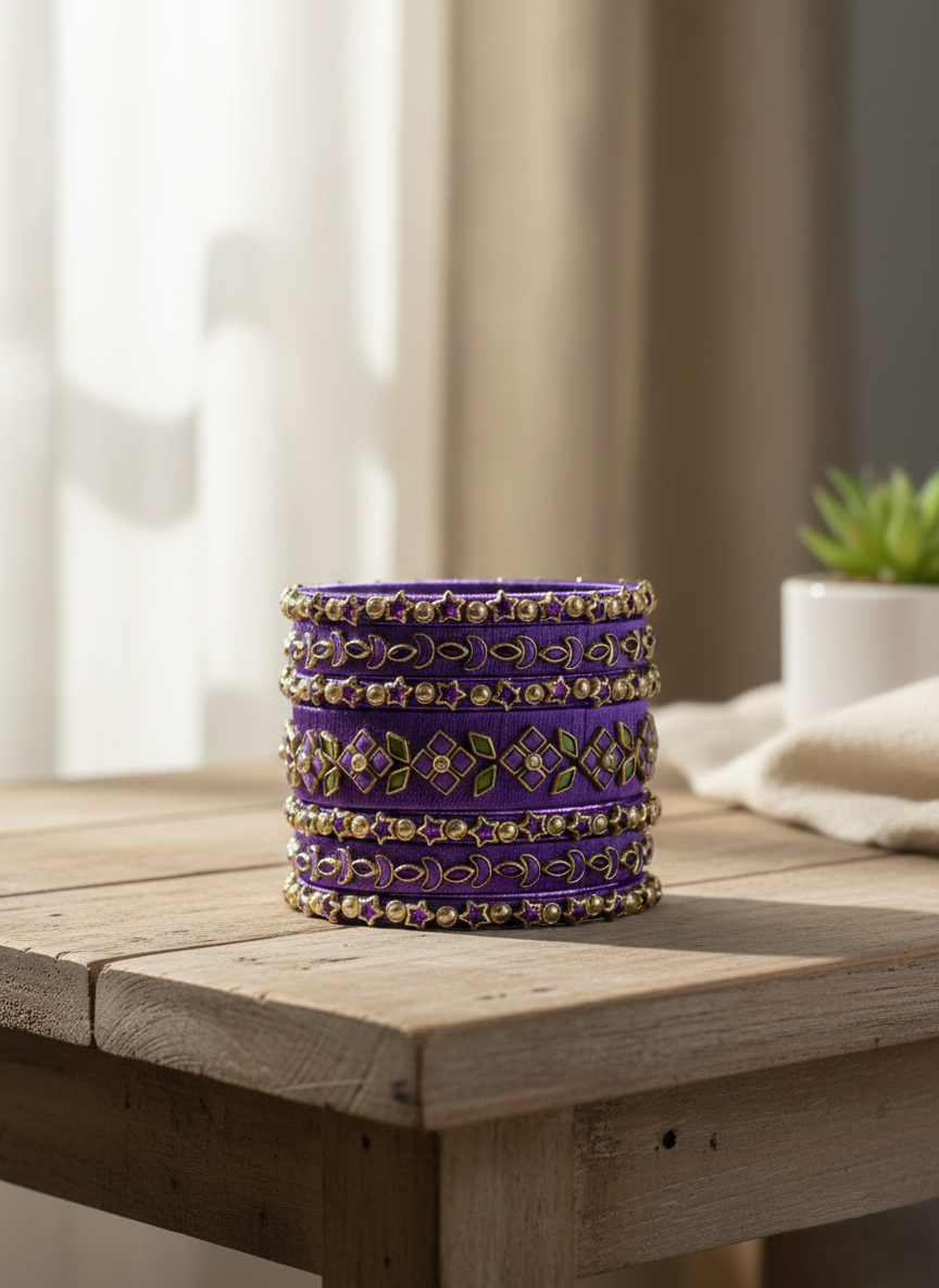 Royal Amethyst Silk Thread Bangle Set with Kundan & Emerald Accents
