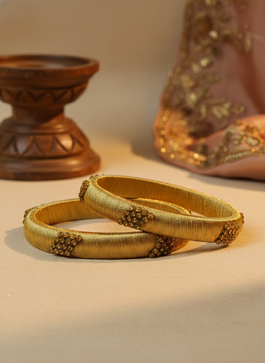 Handcrafted Golden Silk Thread Bangles with Antique Stone Studded Embellishments – Elegant Ethnic Bridal & Festive Jewelry Set for Women