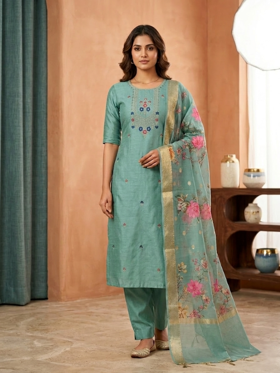Elegant Sea Green Chanderi Silk Kurta Set with Floral Organza Dupatta – 3-Piece Ethnic Wear for Women
