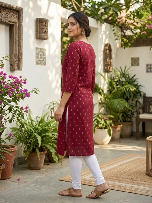 Aaryahi Ruby Gold-Foil Cotton Kurta