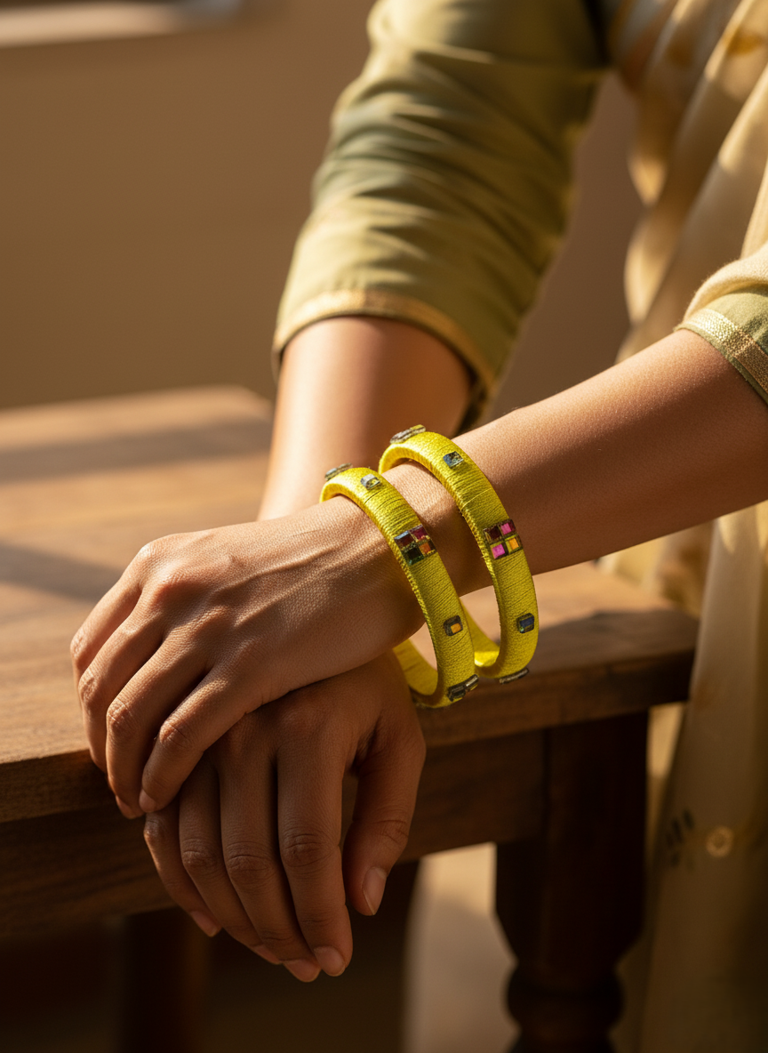 Artisan Zari-Wrapped Bangles in Chartreuse with Kundan-Style Embellishments