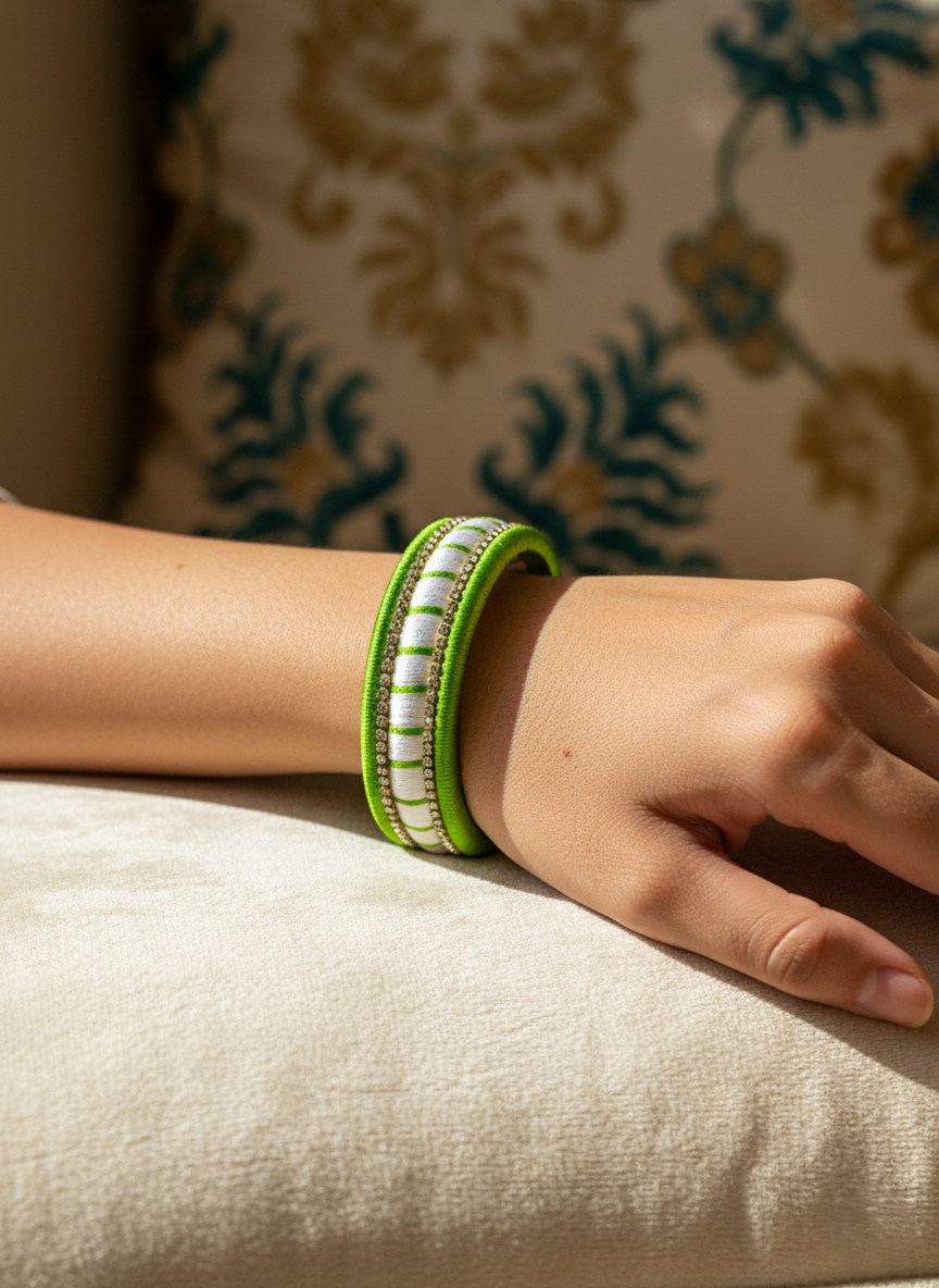 Handcrafted Lime Green & Silver Silk Thread Bangle with Zircon Studs