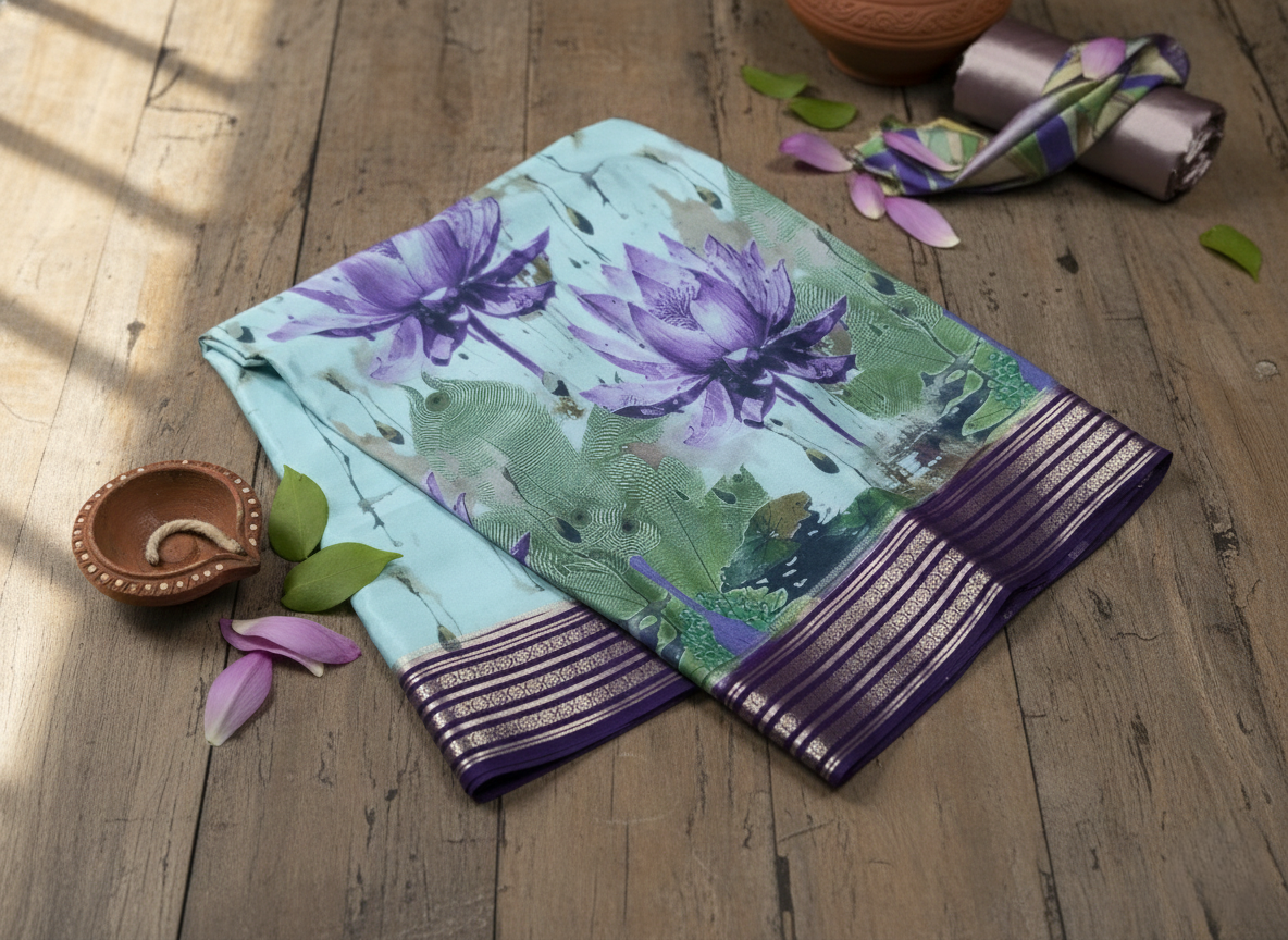 Azure Bloom Digital Print Chiffon Saree