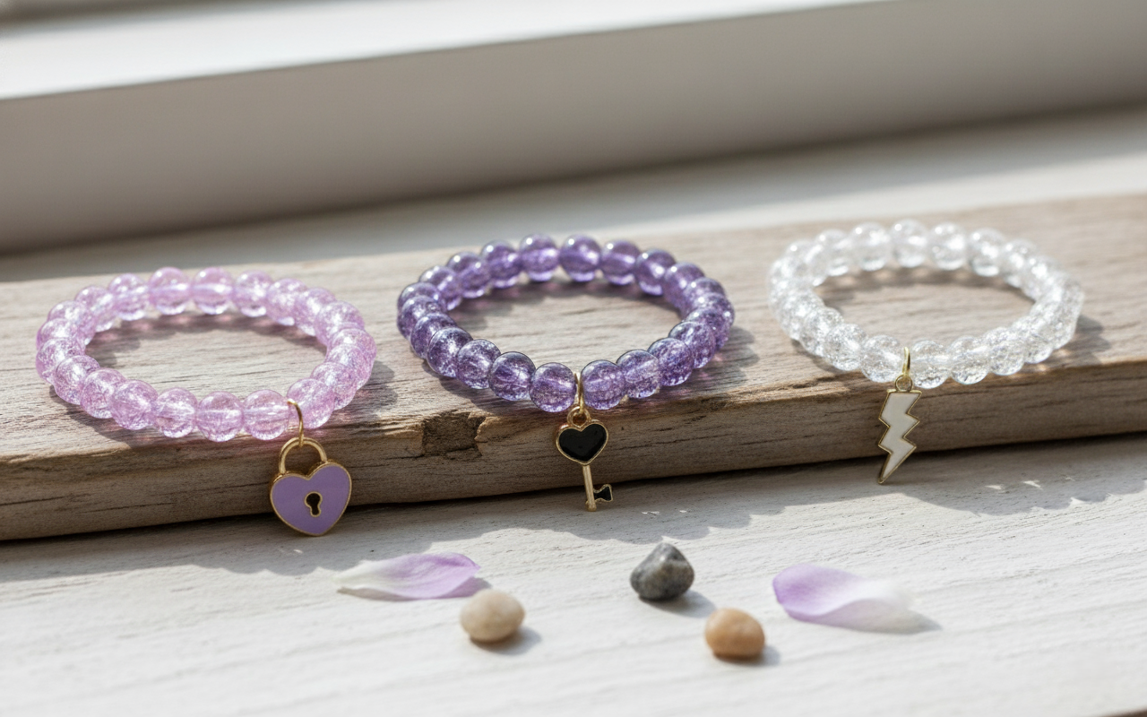 Set of 3 Beaded Friendship Bracelets with Heart, Key, and Bolt Charms