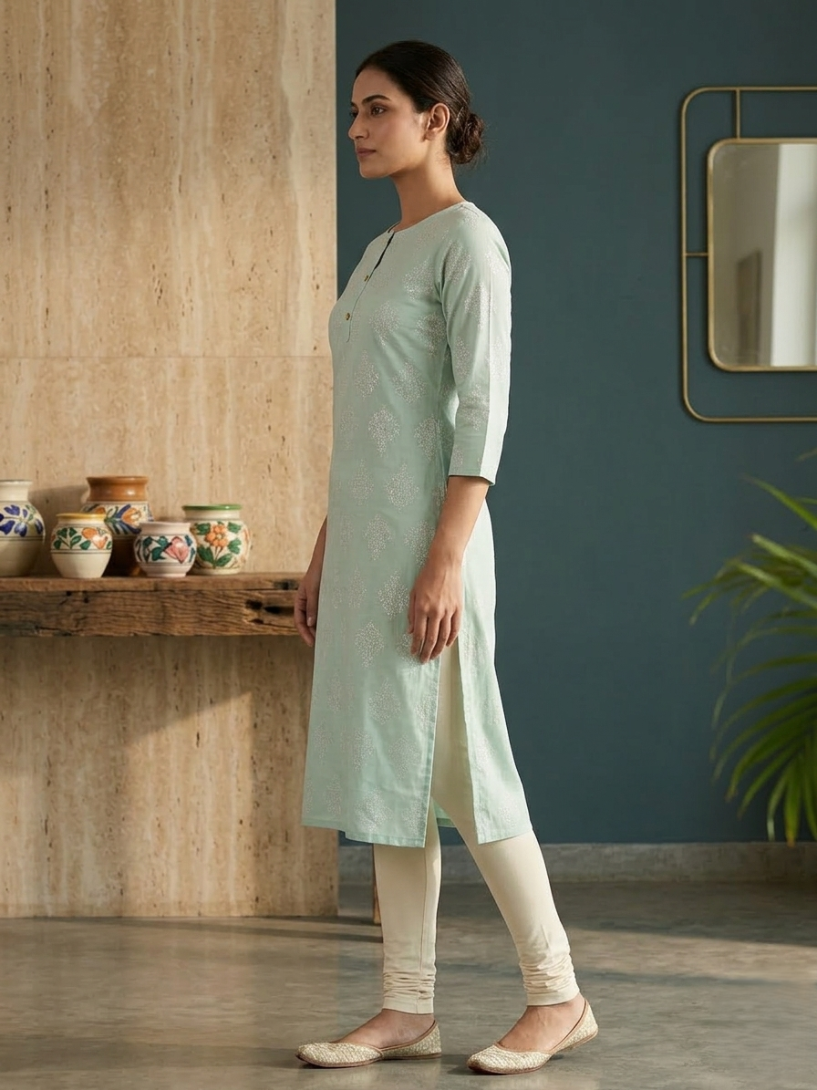 Aira Mint Floral Block-Print Cotton Kurta Set