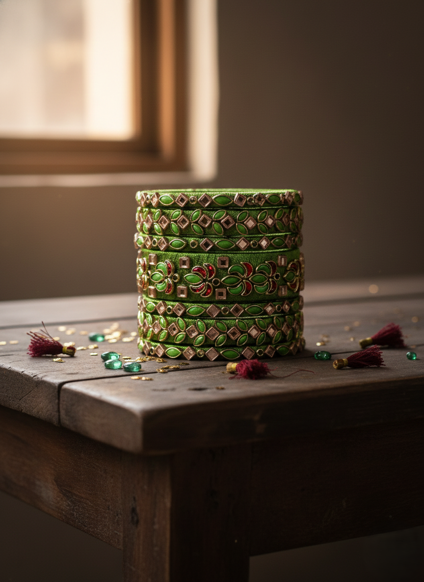 Verdant Elegance: Handcrafted Silk Thread Bangle Set with Intricate Kundan-Style Work
