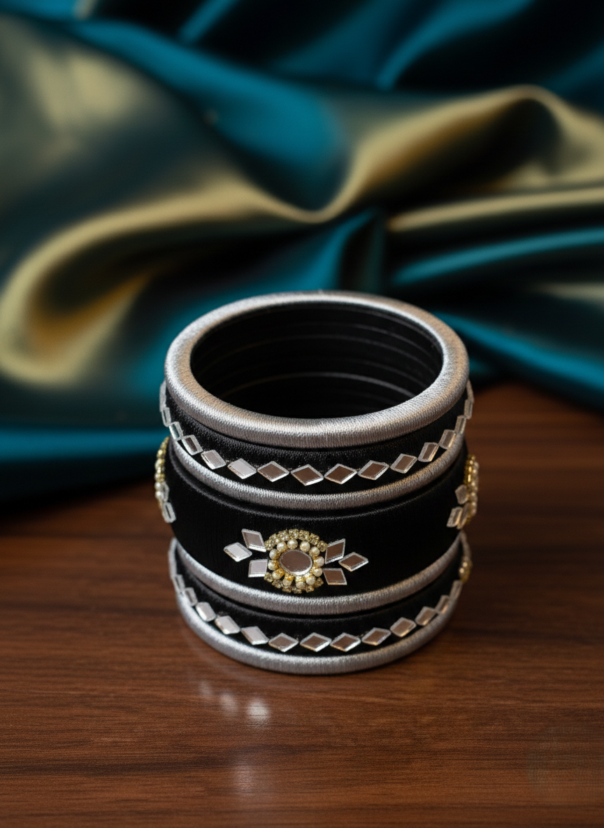 Handcrafted Black Silk Thread Bangle Set with Mirror Work & Silver Accents – Premium Ethnic Jewelry
