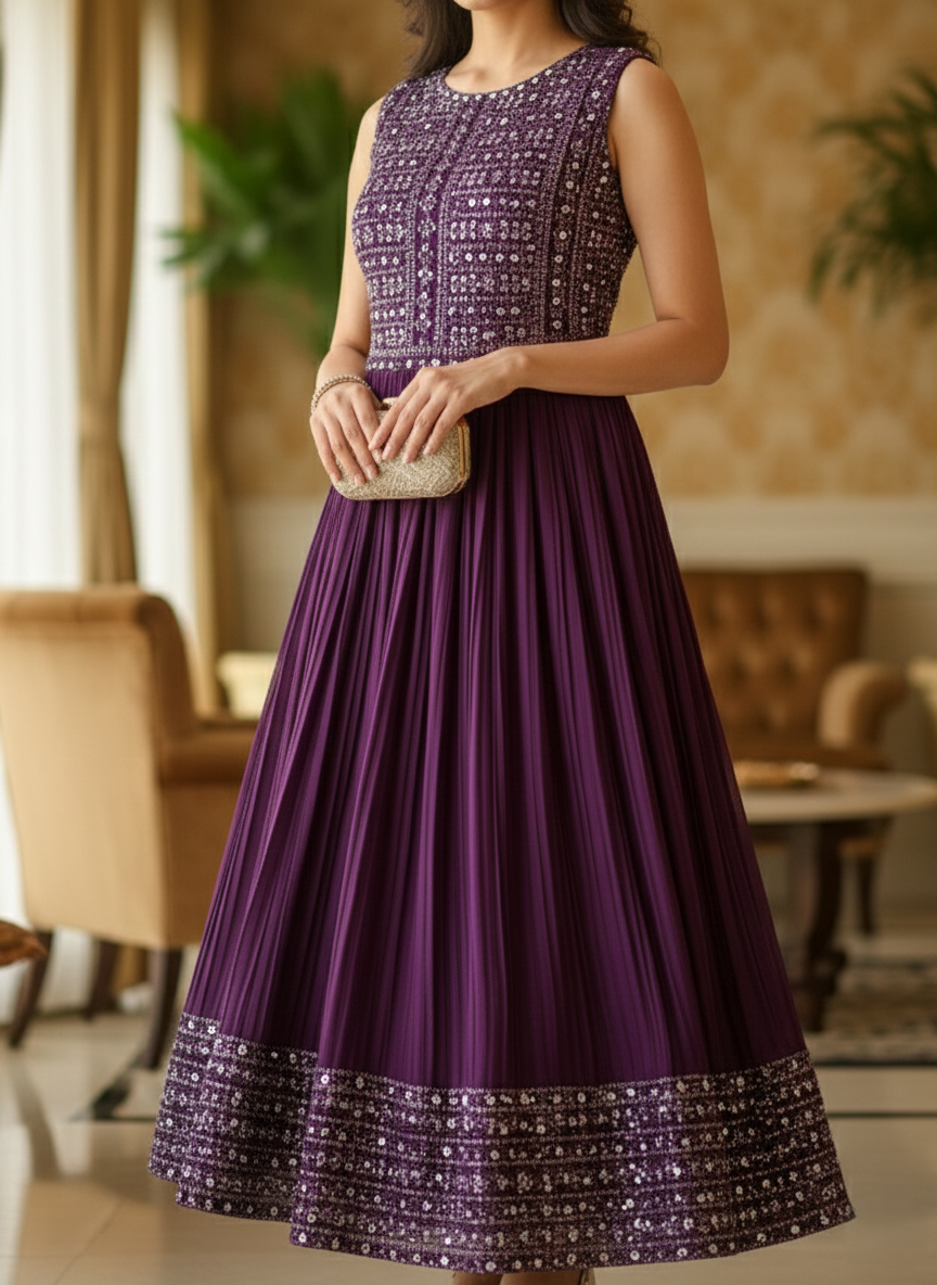 Imperial Plum Embroidered Anarkali Gown with Sunray Pleats