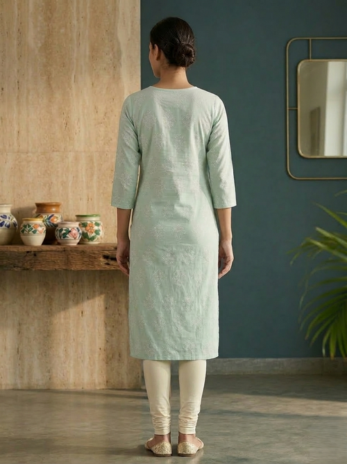 Aira Mint Floral Block-Print Cotton Kurta Set