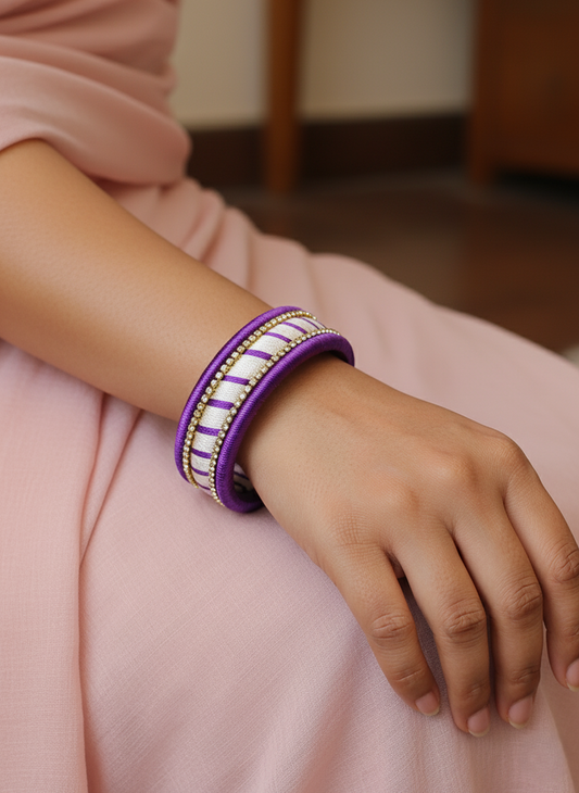 Handcrafted Purple & Pearl Silk Thread Bangle with Gold Accents