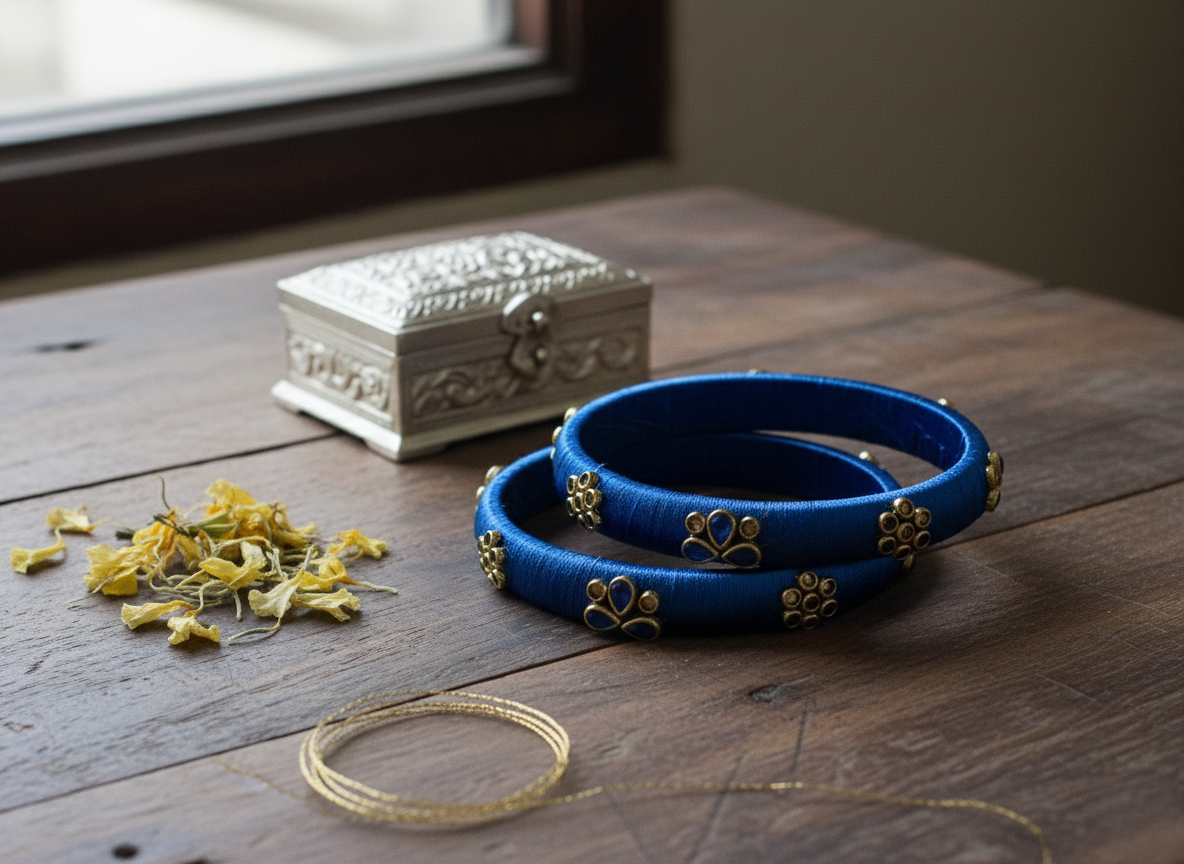 Handcrafted Royal Blue Silk Thread Bangles with Gold Kundan Accents