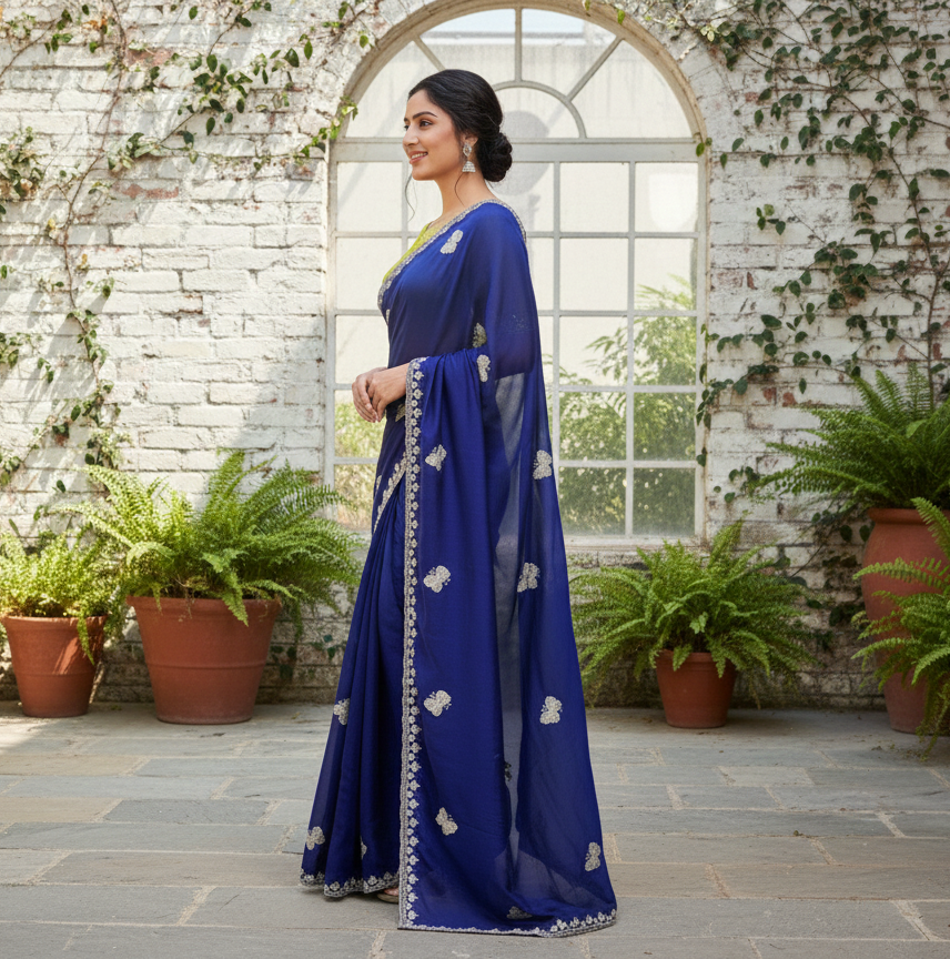 Midnight Butterfly: Hand-Embroidered Silk Saree Set