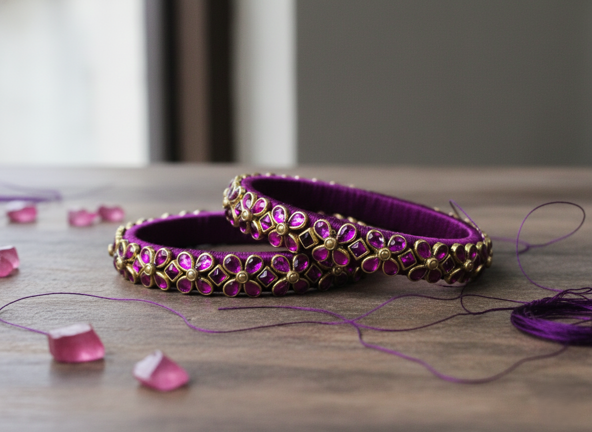 "Midnight Bloom" Hand-Wrapped Silk Thread Bangles