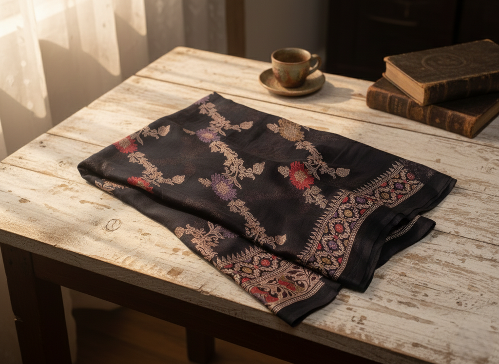 Midnight Onyx Hand-Woven Jamawar Silk Saree with Antique Zari