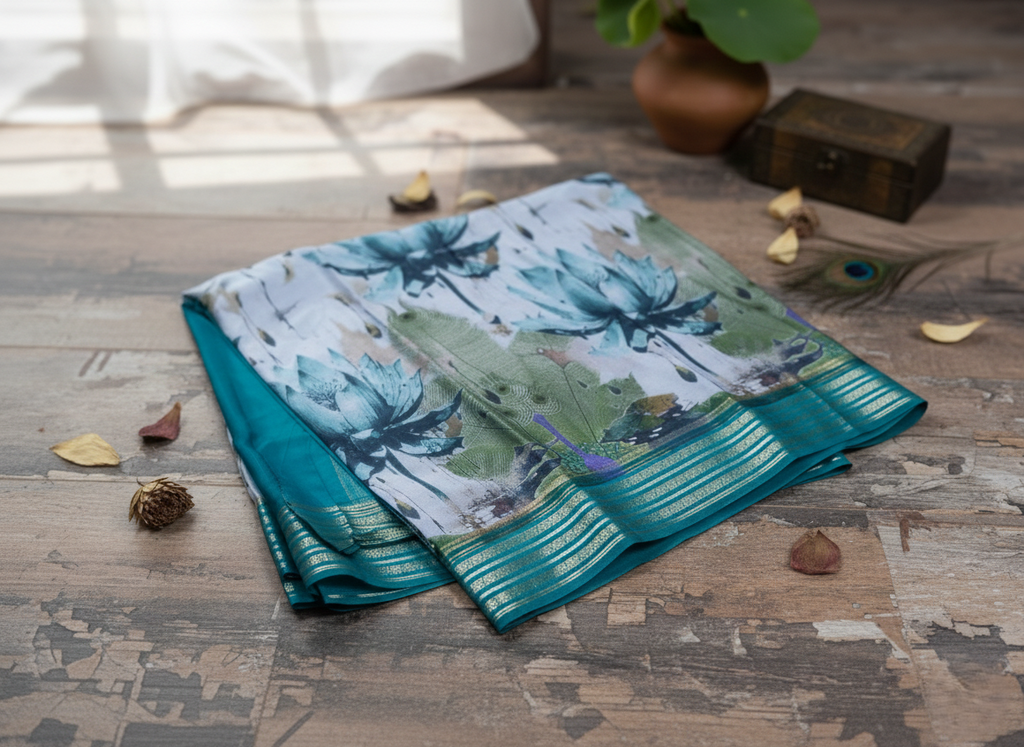 Ethereal Waters: Hand-Painted Style Lotus Saree in Seafoam & Teal