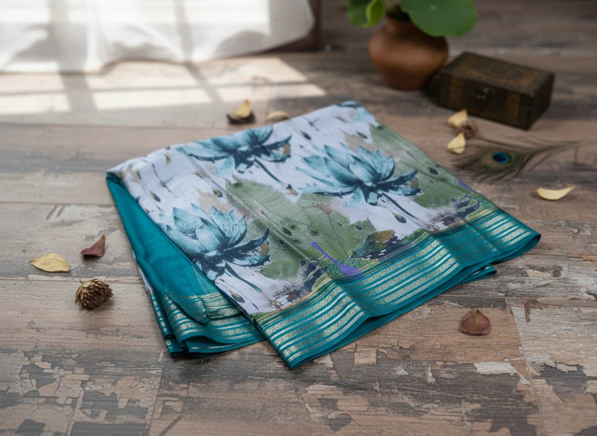 Ethereal Waters: Hand-Painted Style Lotus Saree in Seafoam & Teal