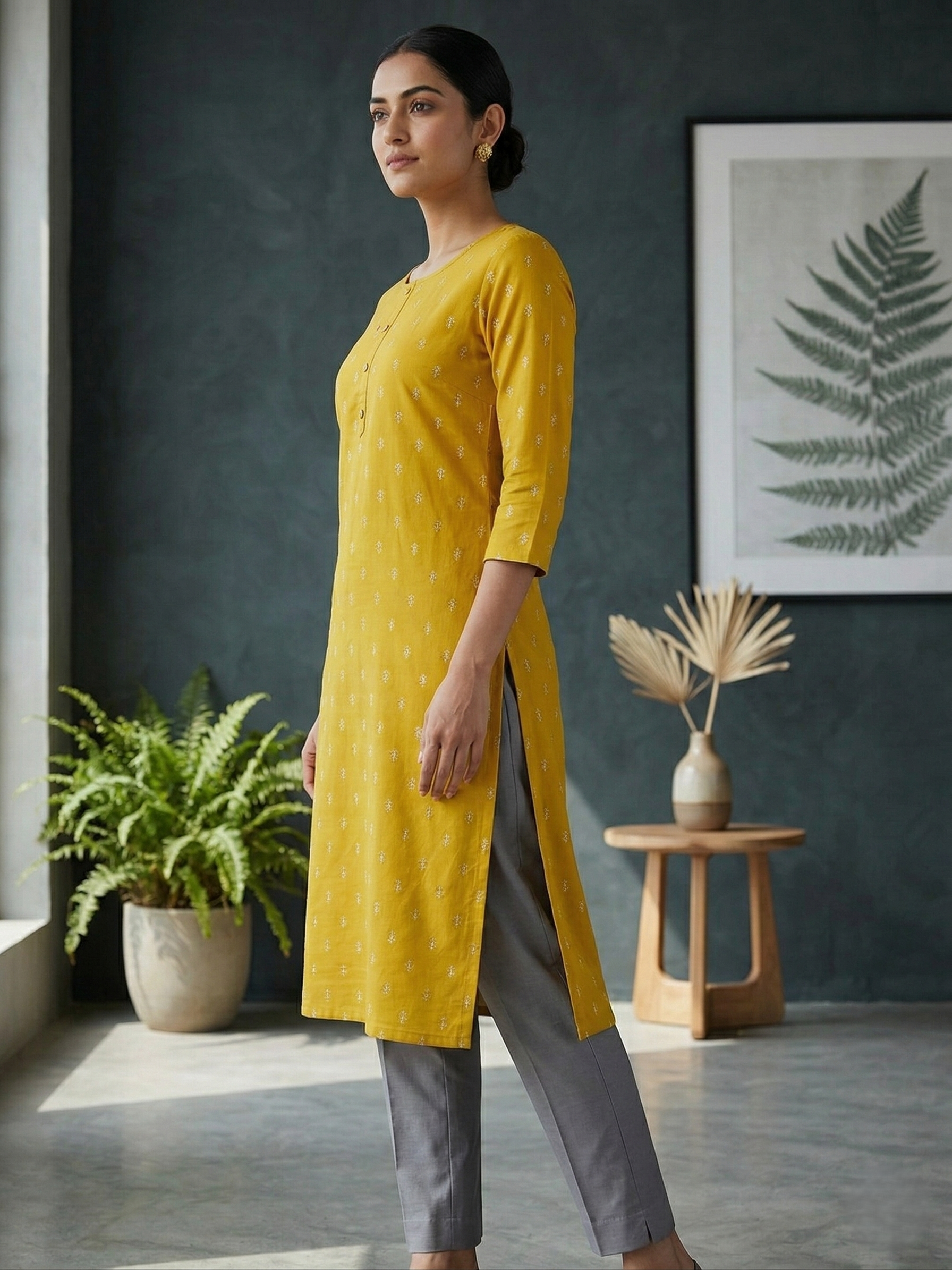 Mustard Yellow Printed Cotton Kurti for Women | Ethnic Straight Fit Kurta with 3/4 Sleeves