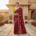 The Monarch Ensemble: Hand-Embroidered Maroon Silk Saree with Lime Contrast