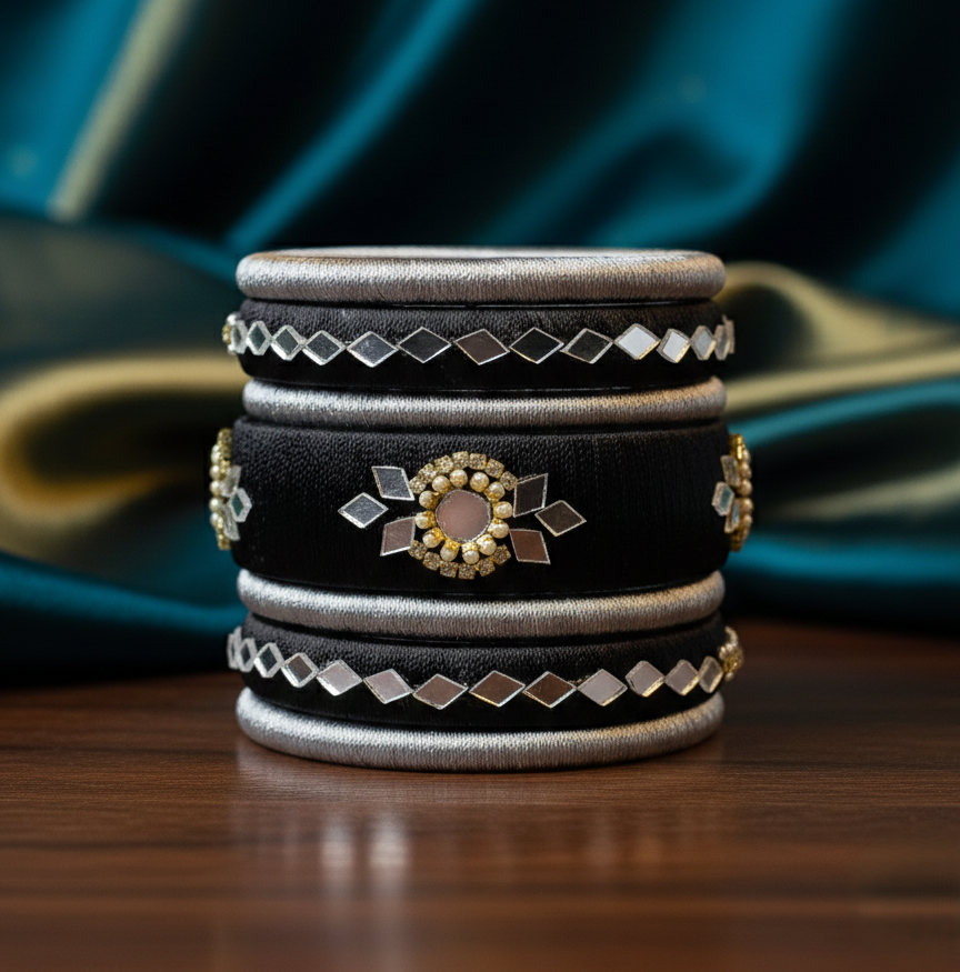 Handcrafted Black Silk Thread Bangle Set with Mirror Work & Silver Accents – Premium Ethnic Jewelry