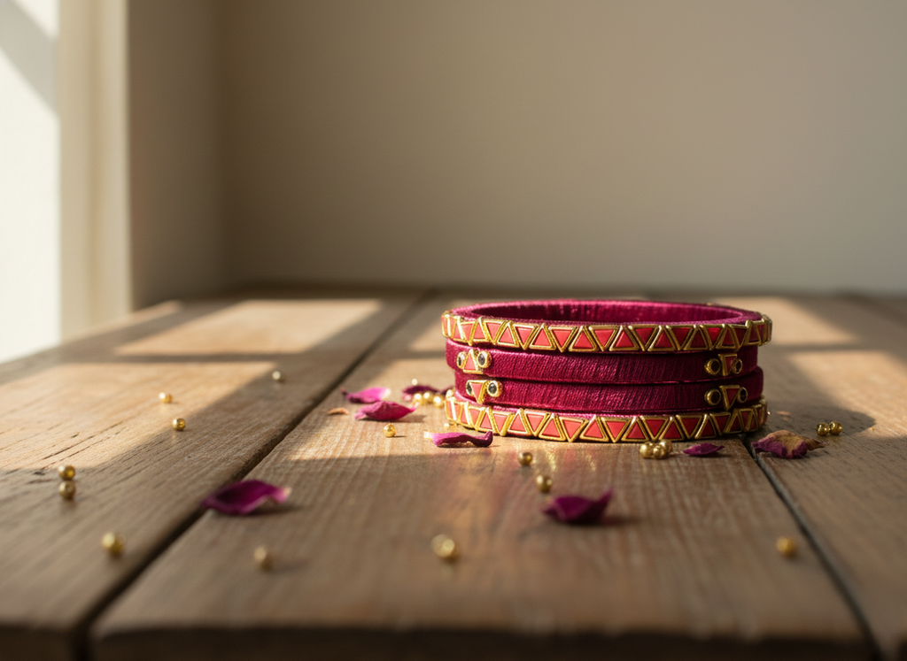The Royal Maroon Collection: Handcrafted Silk Thread Bangles with Geometric Gold Accents