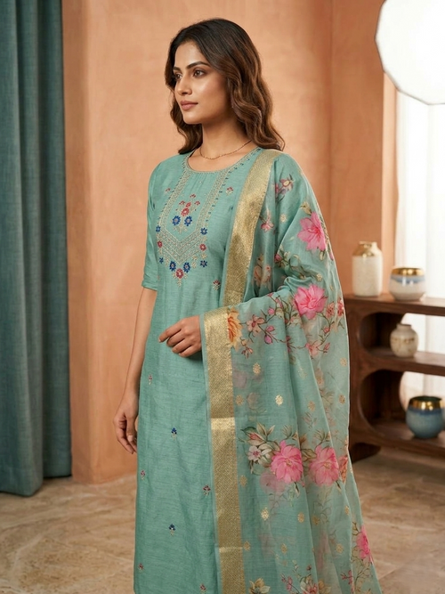 Elegant Sea Green Chanderi Silk Kurta Set with Floral Organza Dupatta – 3-Piece Ethnic Wear for Women