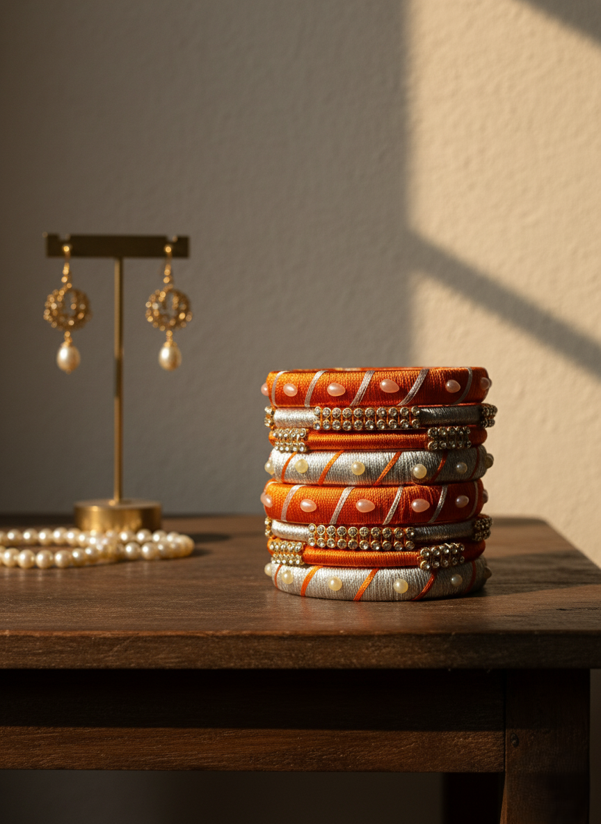 Handcrafted Saffron & Silver Silk Thread Bangle Set