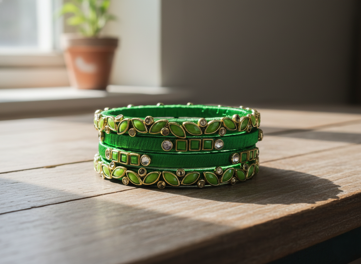 Verdant Elegance: 4-Piece Traditional Green Silk Bangle Set for Weddings and Festivals