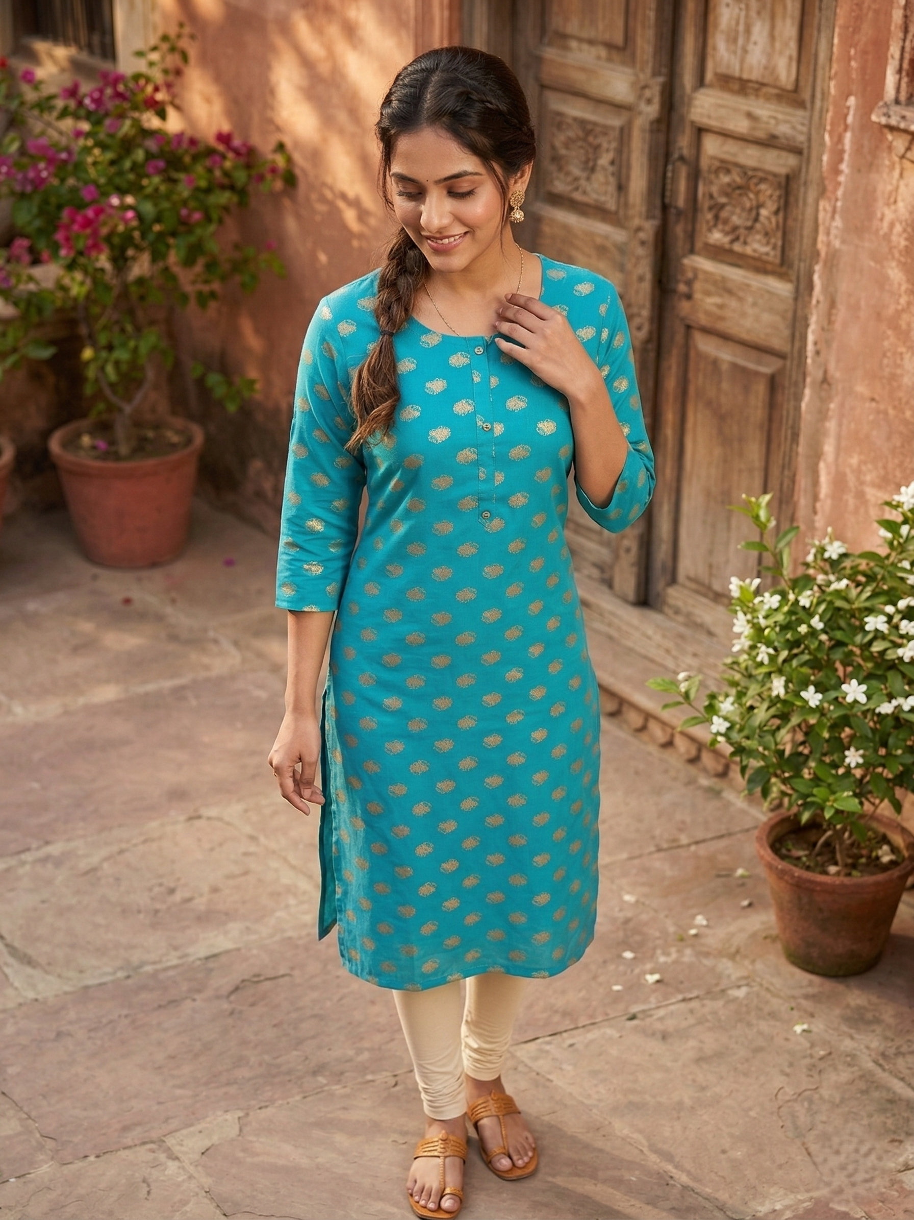 Royal Blue Cotton Kurti for Women with Gold Butti Print | Ethnic Straight Kurta with 3/4 Sleeves | Festive & Casual Wear