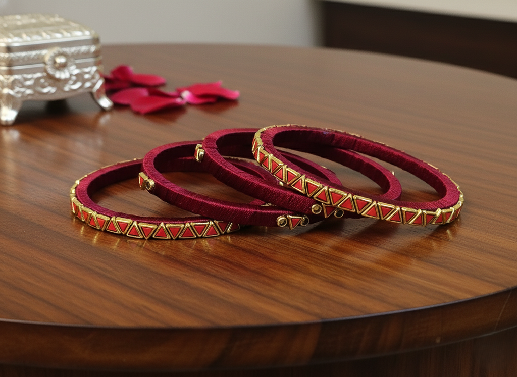 The Royal Maroon Collection: Handcrafted Silk Thread Bangles with Geometric Gold Accents