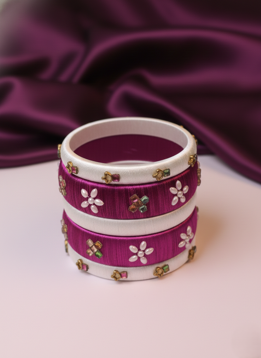 Handcrafted Silk Thread Bangle Set with Floral Pearl Accents and Kundan Work - Magenta & White