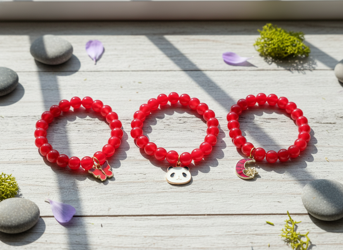 Celestial & Spirit Animal Red Beaded Charm Bracelets – Butterfly, Panda, and Moon