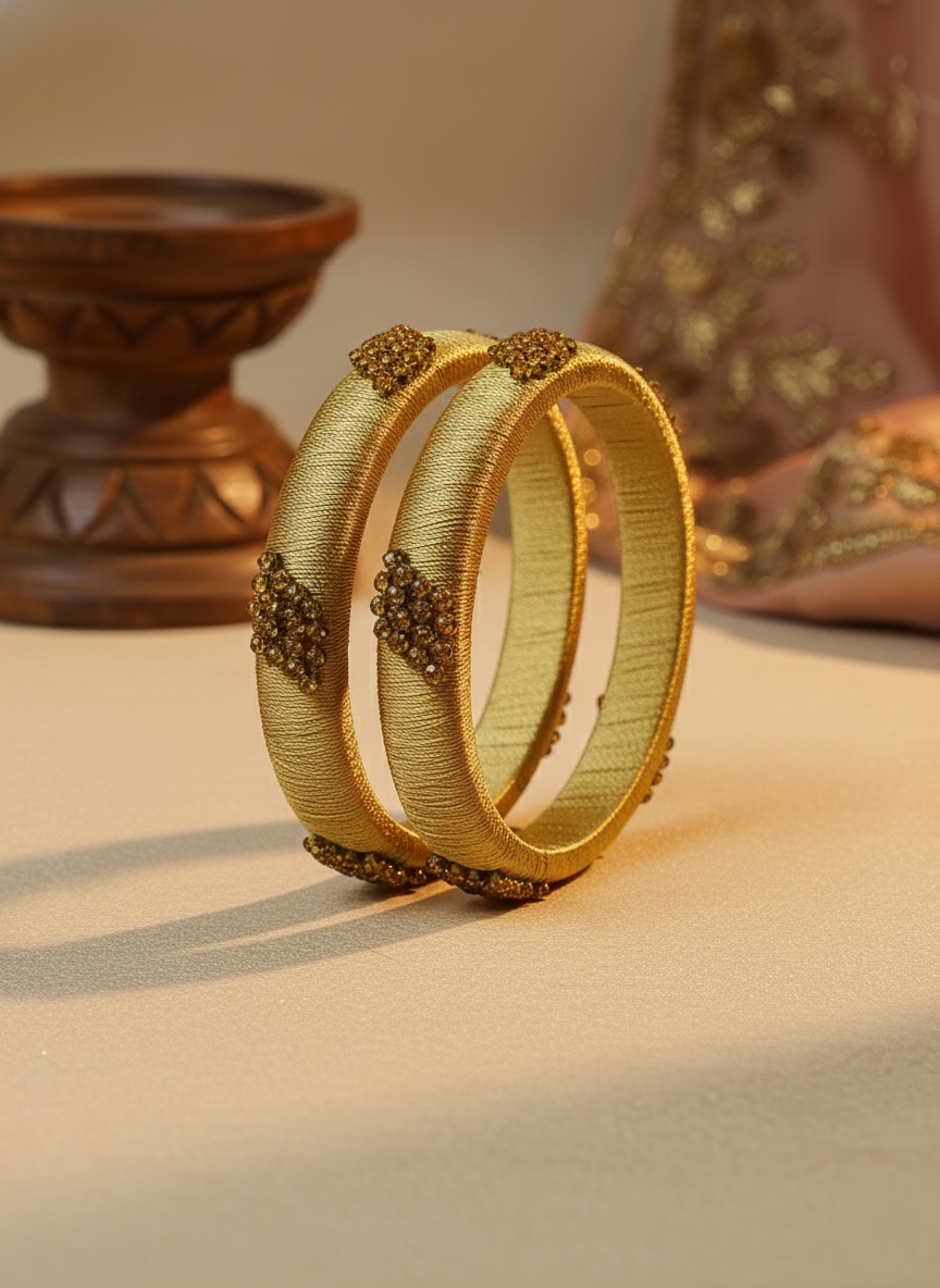 Handcrafted Golden Silk Thread Bangles with Antique Stone Studded Embellishments – Elegant Ethnic Bridal & Festive Jewelry Set for Women