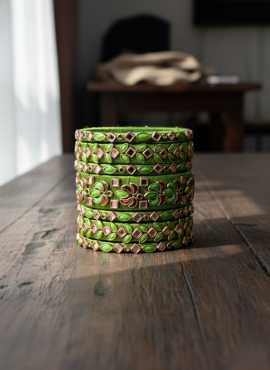 Verdant Elegance: Handcrafted Silk Thread Bangle Set with Intricate Kundan-Style Work