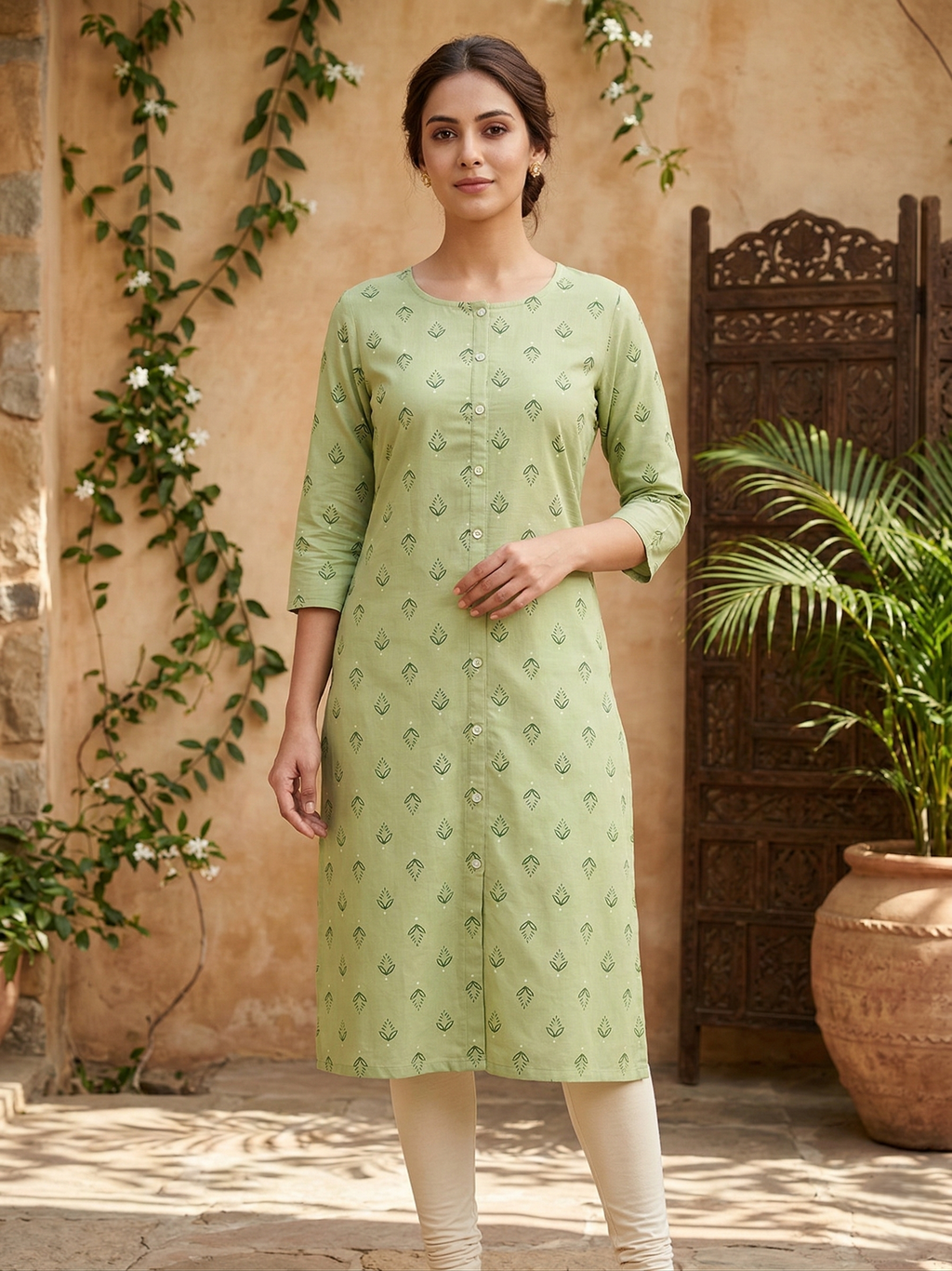 Sage Green Cotton Printed Kurta for Women | Front Button Straight Fit Ethnic Tunic