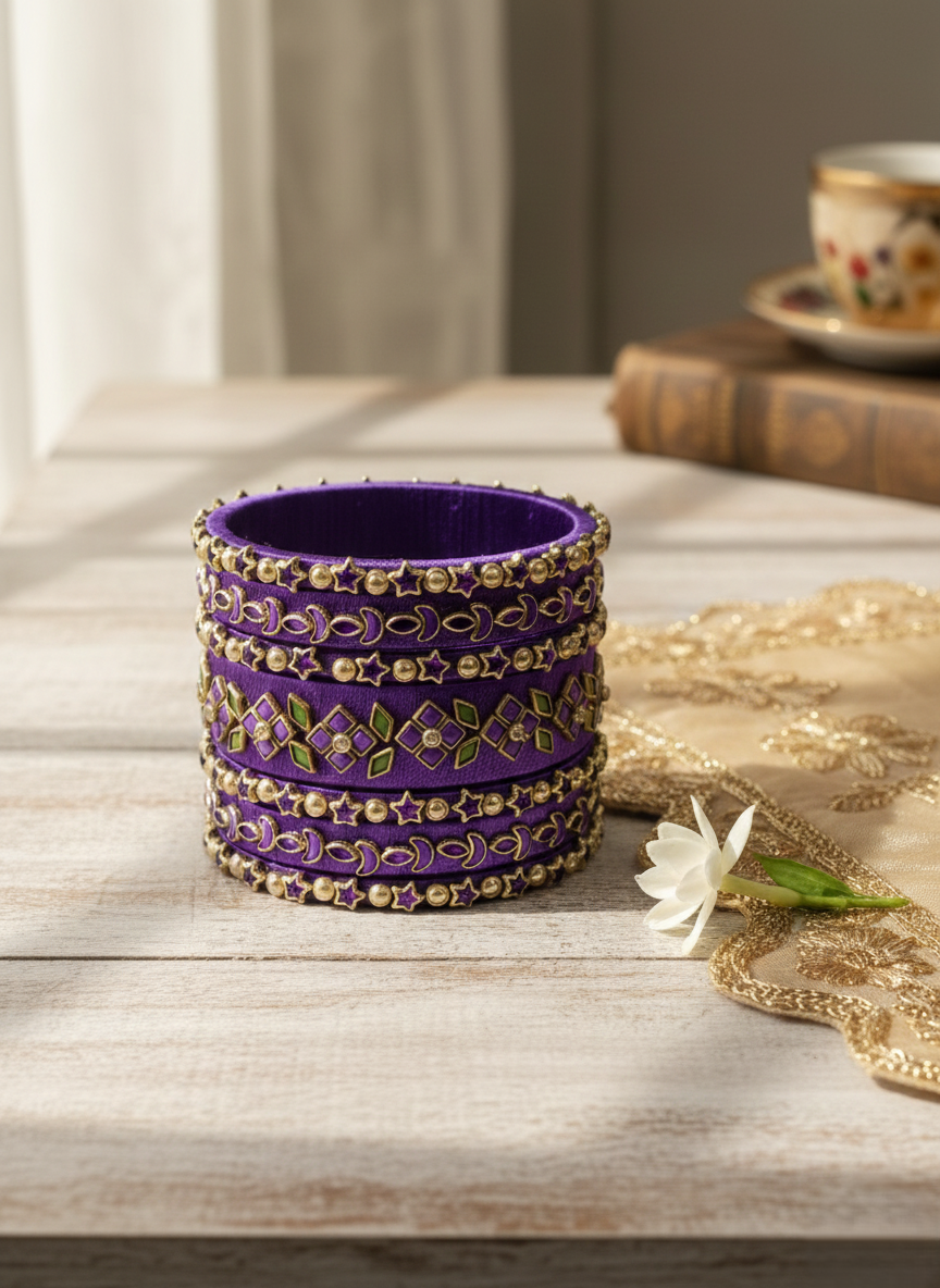 Royal Amethyst Silk Thread Bangle Set with Kundan & Emerald Accents