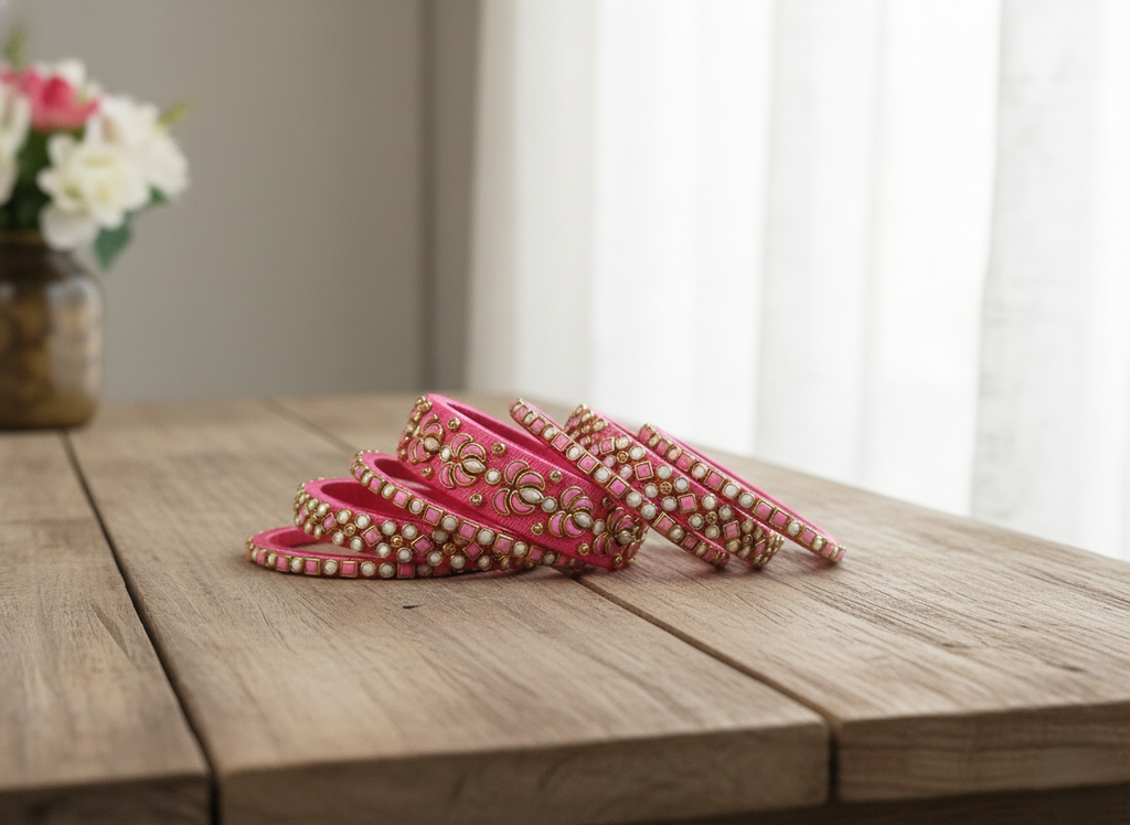 Rani Pink Silk Thread Bangle Set with Exquisite Pearl and Stone Work