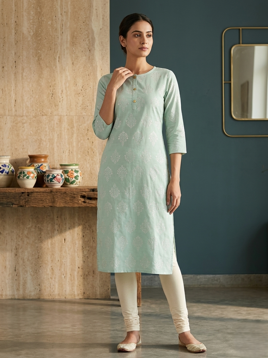 Aira Mint Floral Block-Print Cotton Kurta Set