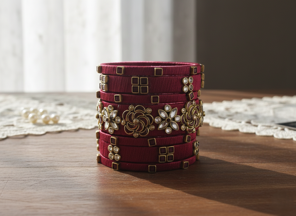 Handcrafted Crimson Red Silk Thread Bangle Set with Intricate Gold Kundan & Floral Embellishments