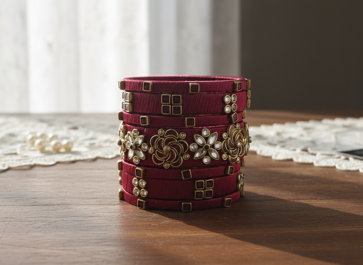 Handcrafted Crimson Red Silk Thread Bangle Set with Intricate Gold Kundan & Floral Embellishments