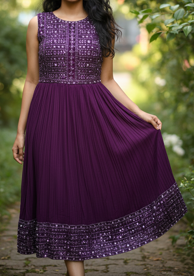 Imperial Plum Embroidered Anarkali Gown with Sunray Pleats