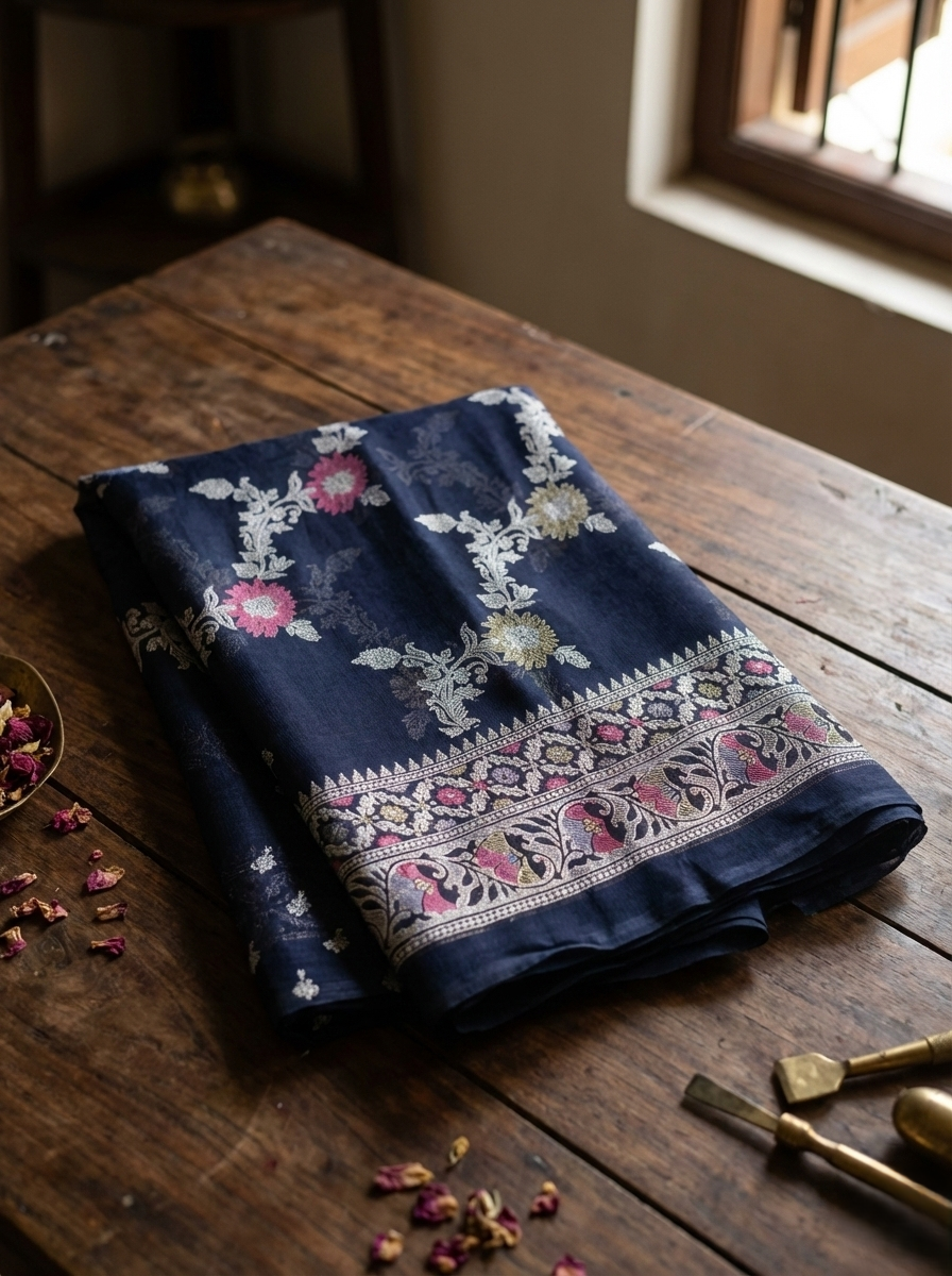 Celestial Flora: Indigo Blue Organza Saree with Silver Zari & Pink Accents