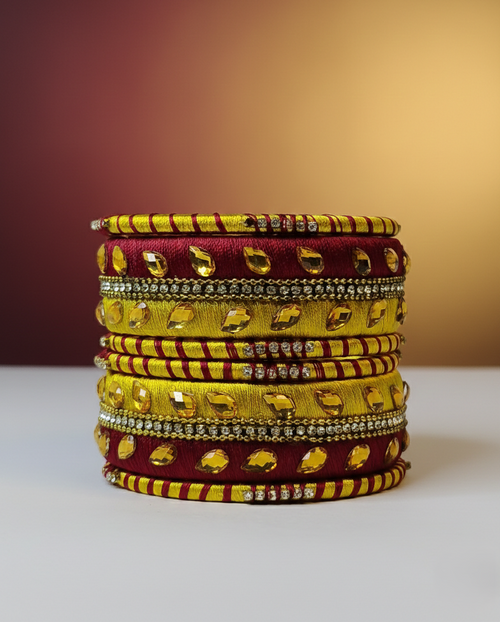 Ethnic Silk Thread Bangles | Maroon & Yellow Gold Festive Chura Set with Stone Embellishments | Designer Handmade Jewelry