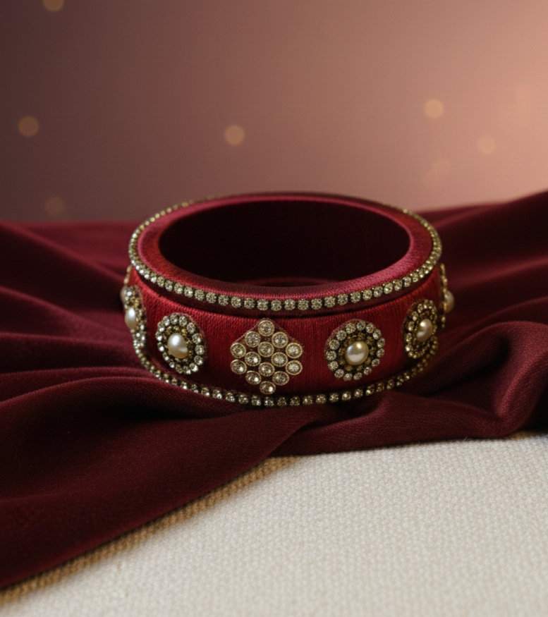 Handcrafted Maroon Silk Thread Bangle with Antique Gold Kundan & Pearl Embellishments – Ethnic Bridal Jewelry