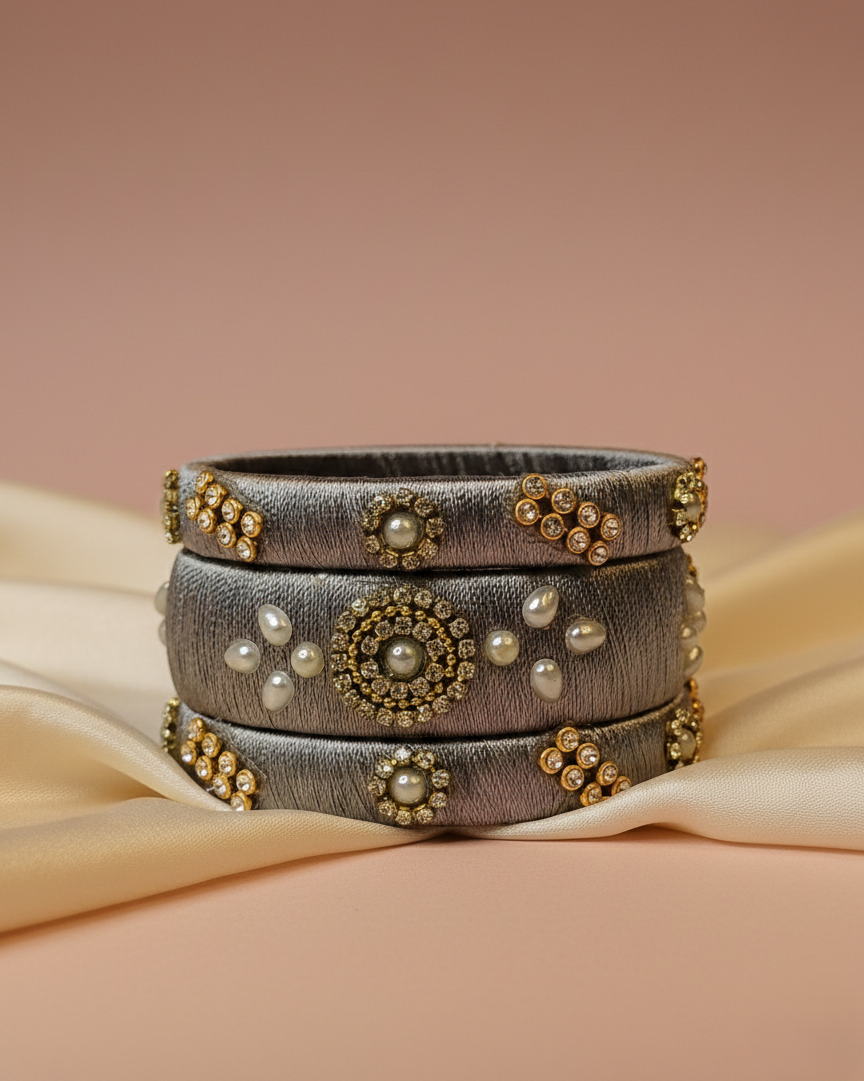 Handcrafted Grey Silk Thread Bangle Set with Pearl & Kundan Embellishments – 3-Piece Ethnic Jewelry Set