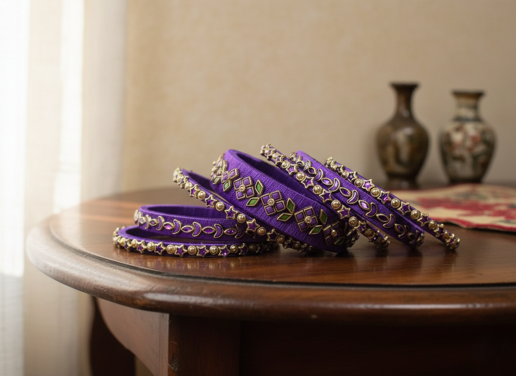 Royal Amethyst Silk Thread Bangle Set with Kundan & Emerald Accents