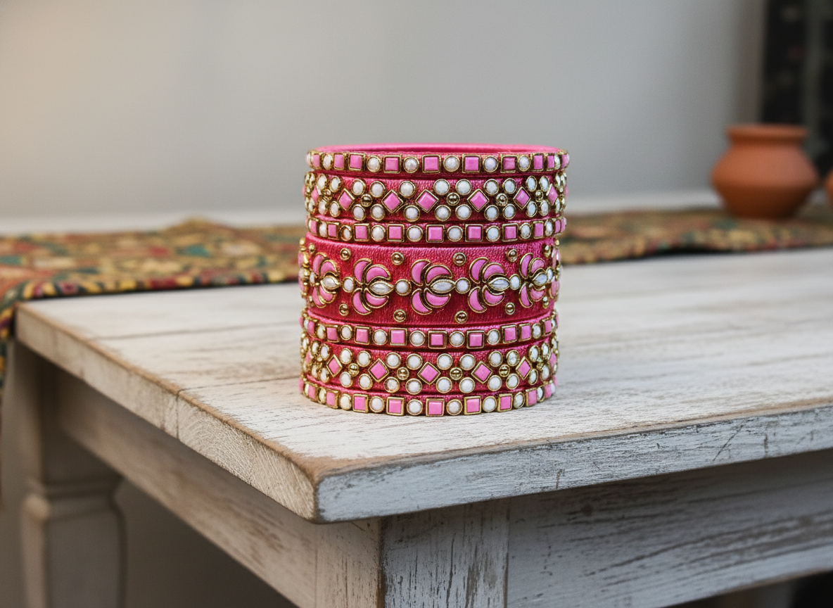 Rani Pink Silk Thread Bangle Set with Exquisite Pearl and Stone Work