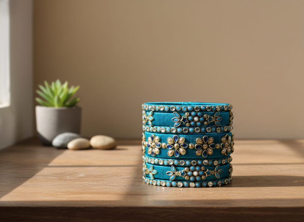 Royal Teal Silk Thread Bangle Set with Intricate Kundan Floral Embellishments